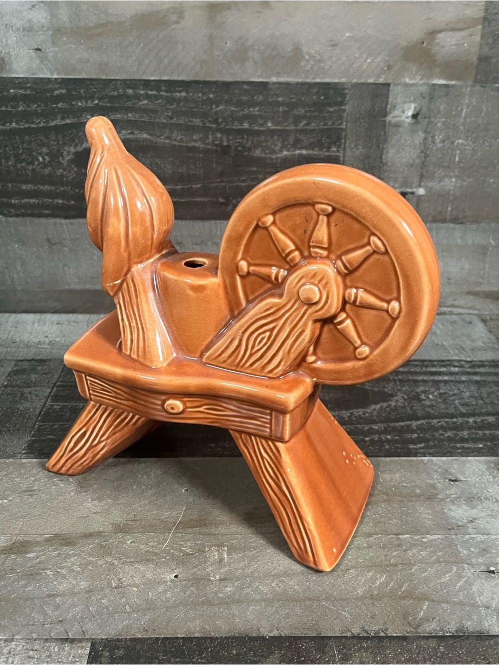 Vintage Brown Ceramic Spinning Wheel Lamp Base Mid Century 50s